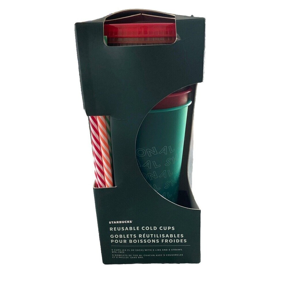 Starbucks Coffee Reusable Cold Cups Holiday Set 5 Green Red Striped Straws